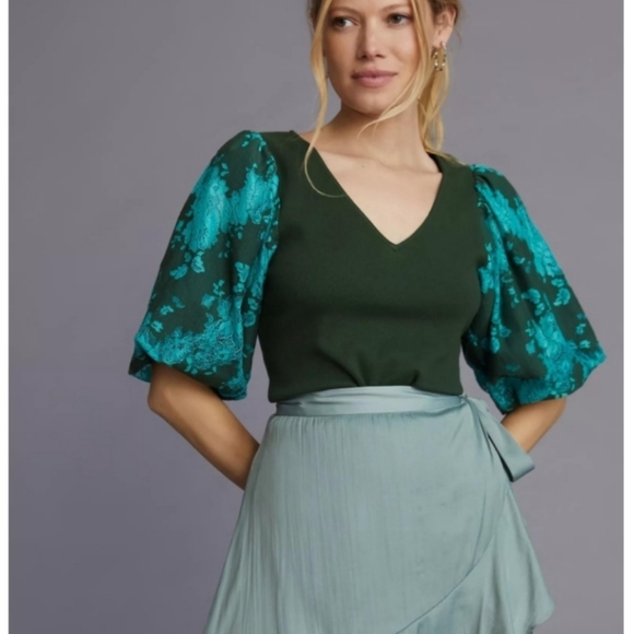 Anthropologie Tops - Anthro Dolan Lace Puff Sleeve Top Green size Large